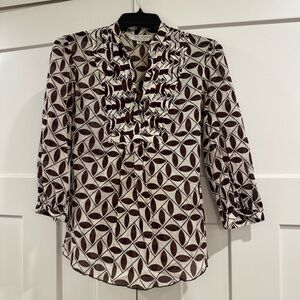 Trina Turk Brown and Off White Geometric Print 3/4 Sleeve Blouse, Size Small
